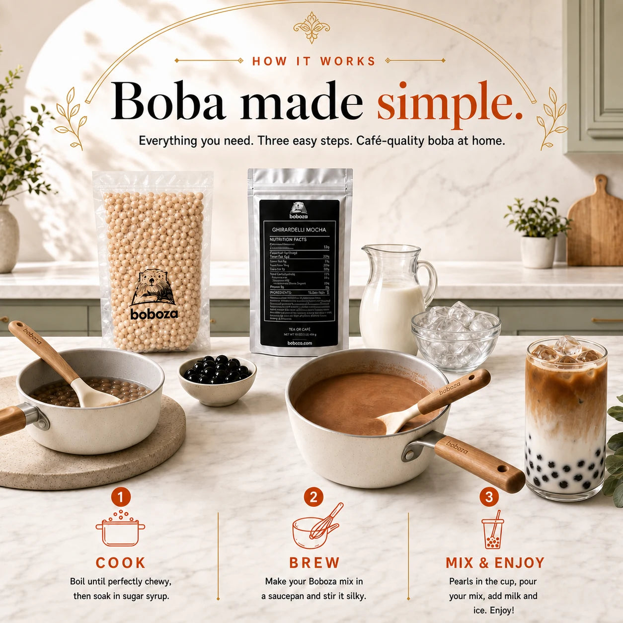 How it works: Boboza boba pearls and flavor pouch on a kitchen counter with three steps, cook the boba pearls, brew the mix, then mix and enjoy an iced boba