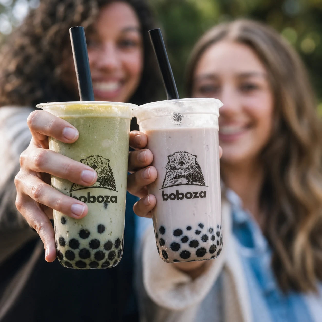 Two friends holding up a matcha boba and an Okinawa Crazy Brown boba in Boboza cups outdoors