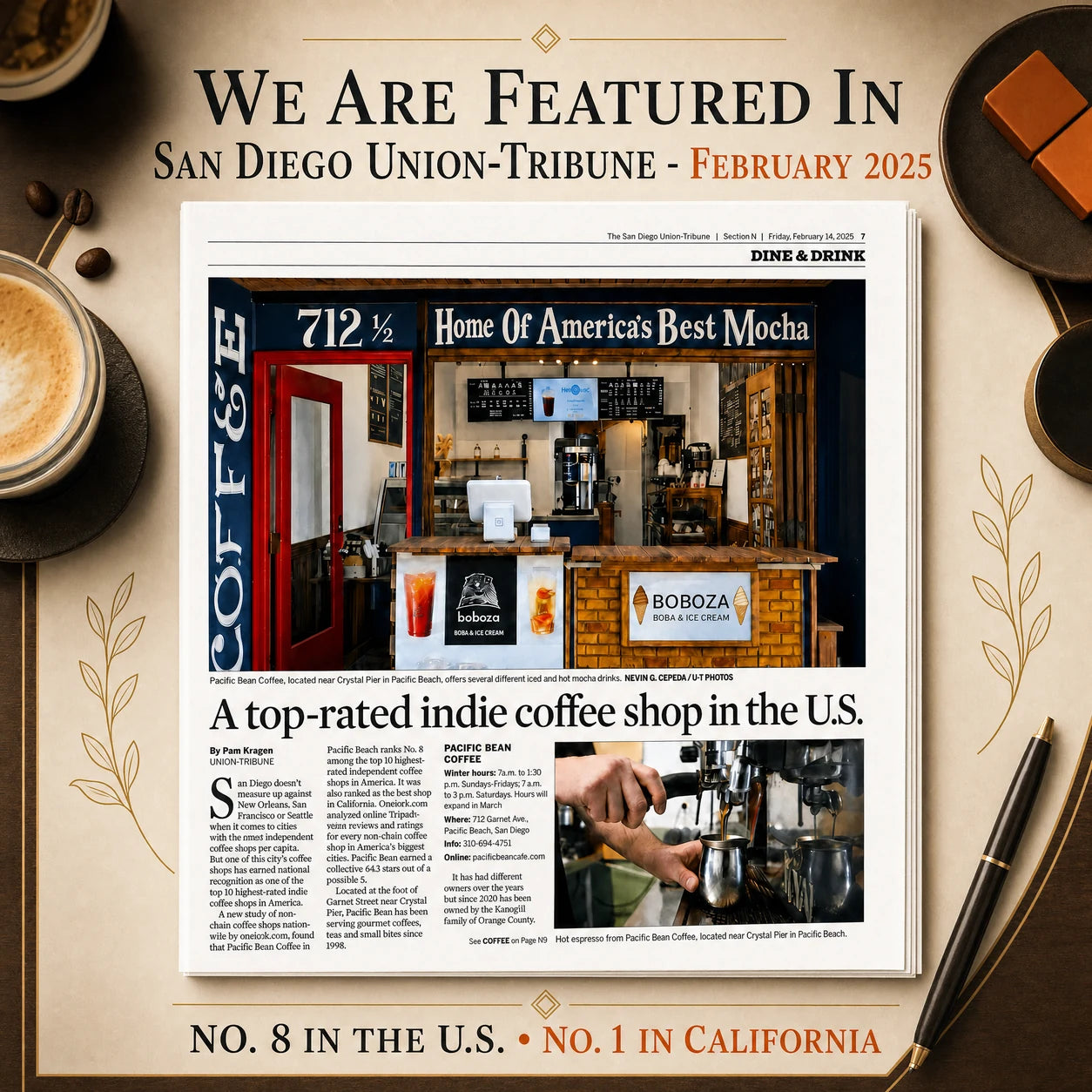 San Diego Union-Tribune February 2025 feature page about Pacific Bean Coffee, ranked No. 8 in the U.S. and No. 1 in California