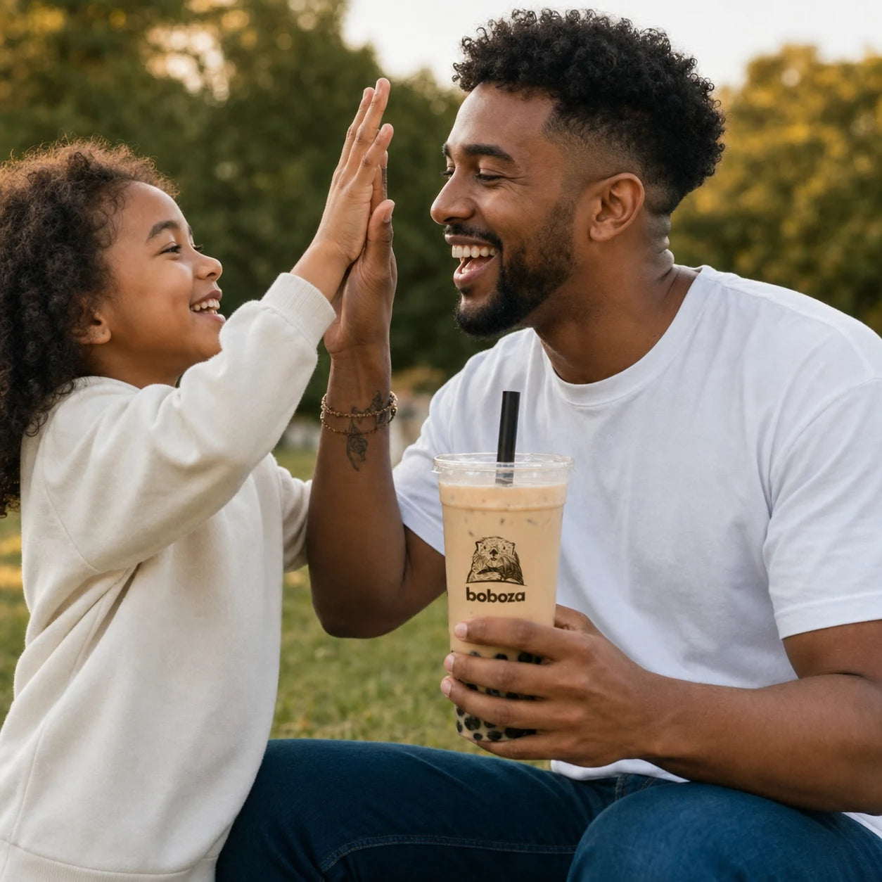 A father and his daughter high-fiving in a sunlit park, with a Boboza cup of iced milk tea and boba pearls in his hand