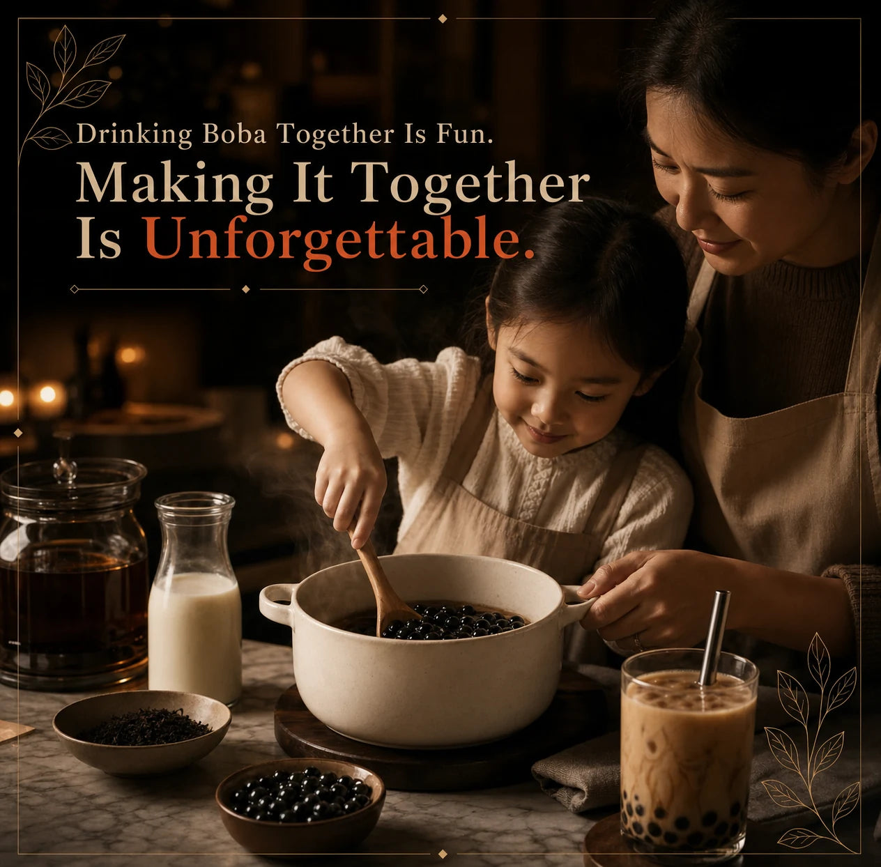 Mother and daughter stirring a pot of boba pearls together by candlelight, with tea leaves, milk and a finished iced boba on the table, under the line drinking boba together is fun, making it together is unforgettable