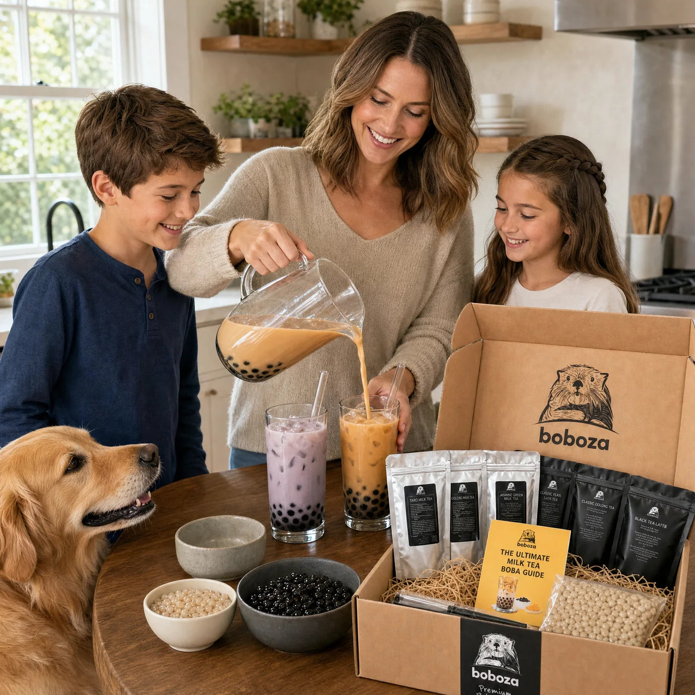 Mom pouring fresh boba milk tea for her kids at the kitchen table next to the open Boboza kit box