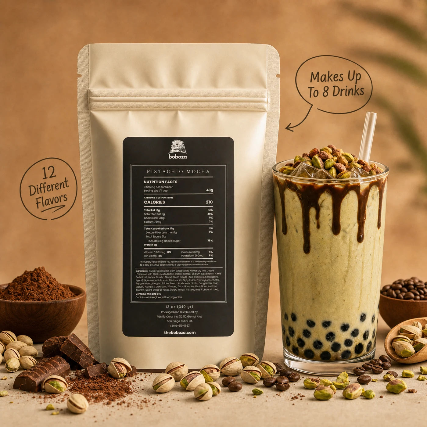 Boboza Pistachio Mocha pack showing the nutrition label next to a finished pistachio mocha boba drink with chocolate drizzle and pistachios, with callouts Makes Up To 8 Drinks and 12 Different Flavors