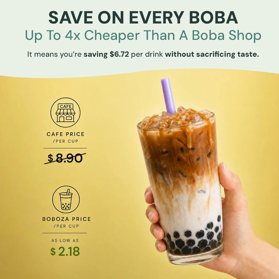 Save on every boba: up to 4x cheaper than a boba shop, cafe price eight dollars ninety crossed out versus Boboza price as low as two dollars eighteen per cup, next to a hand holding an iced brown sugar boba drink