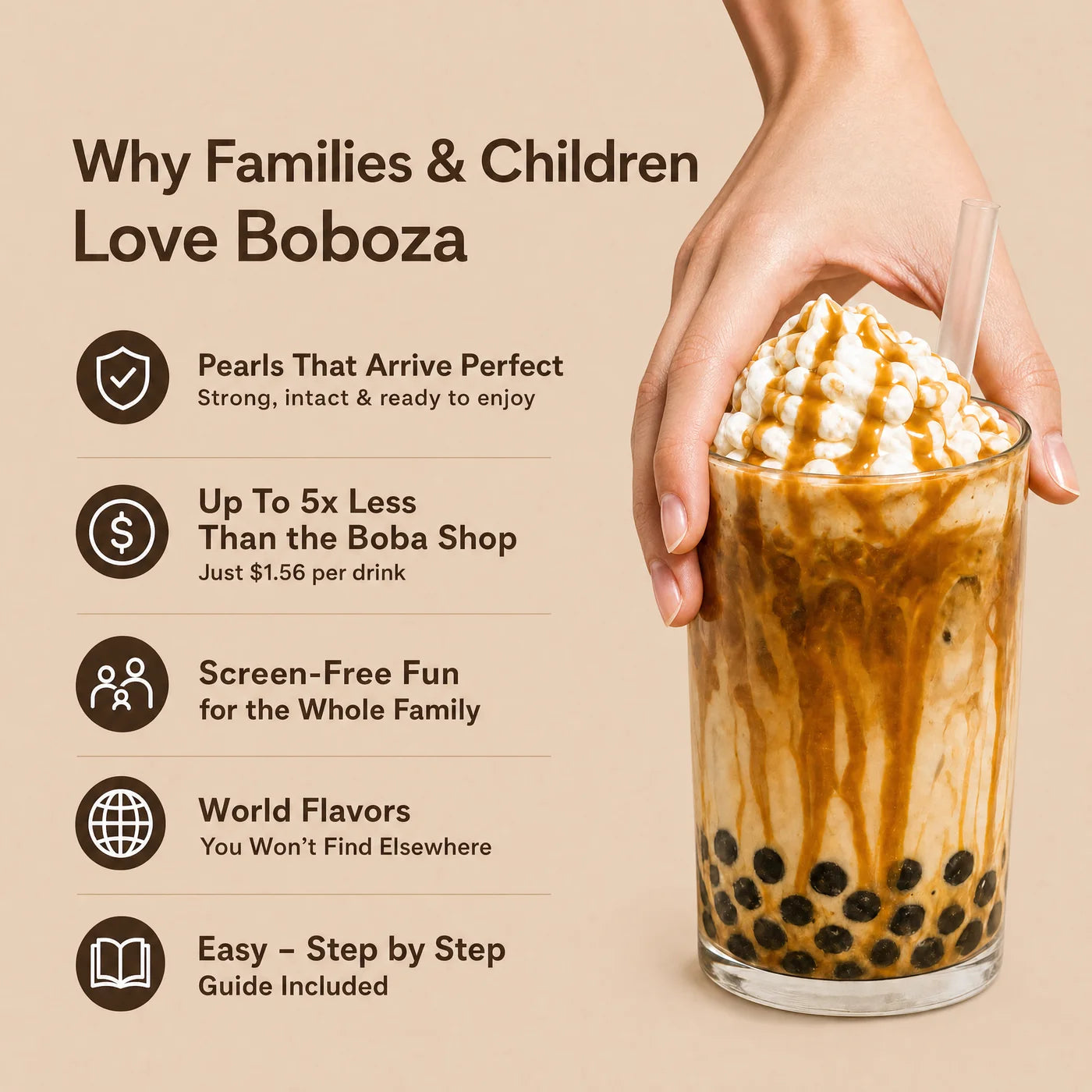 Why families and children love Boboza: perfect pearls, up to 5x less than the boba shop, screen-free fun, world flavors, step-by-step guide