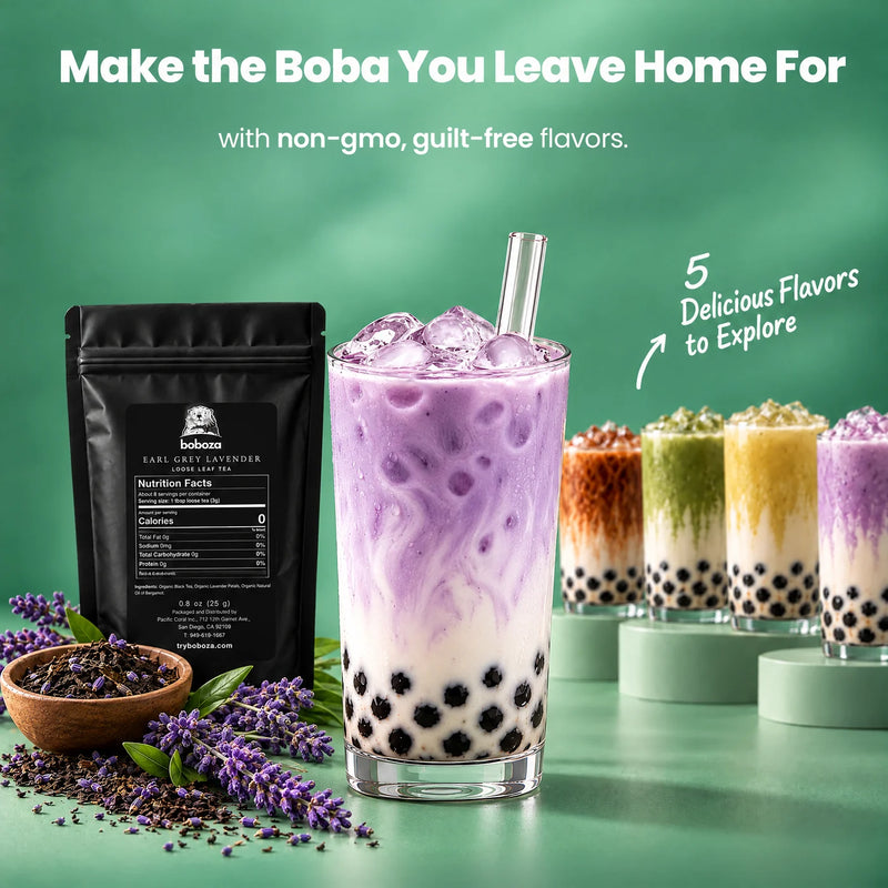 Make the boba you leave home for, with non-GMO, guilt-free flavors. Earl Grey Lavender flavor pack with an iced boba drink, plus 5 delicious flavors to explore.