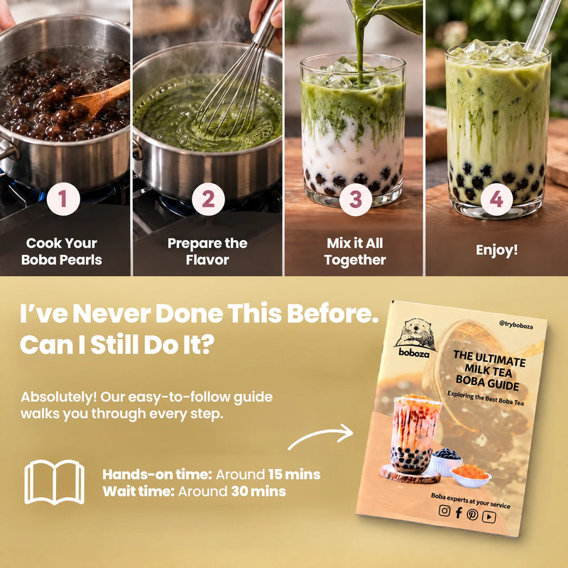 I've never done this before, can I still do it - absolutely, our easy-to-follow guide walks you through every step. Four numbered steps: cook your boba pearls, prepare the flavor, mix it all together, enjoy. Hands-on time around 15 mins, wait time around 30 mins. Shown with The Ultimate Milk Tea Boba Guide booklet.