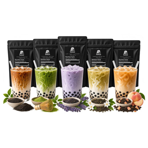 Build Your Boboza Tea Kit: Premium Black, Organic Matcha, Earl Grey Lavender, Jasmine Green Tea and Peach Oolong pouches with their iced milk teas and boba pearls