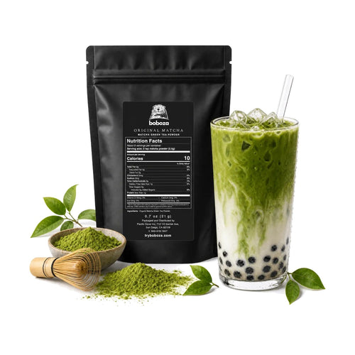Buy 1 Pack: Organic Matcha tea pouch with an iced matcha latte and boba pearls