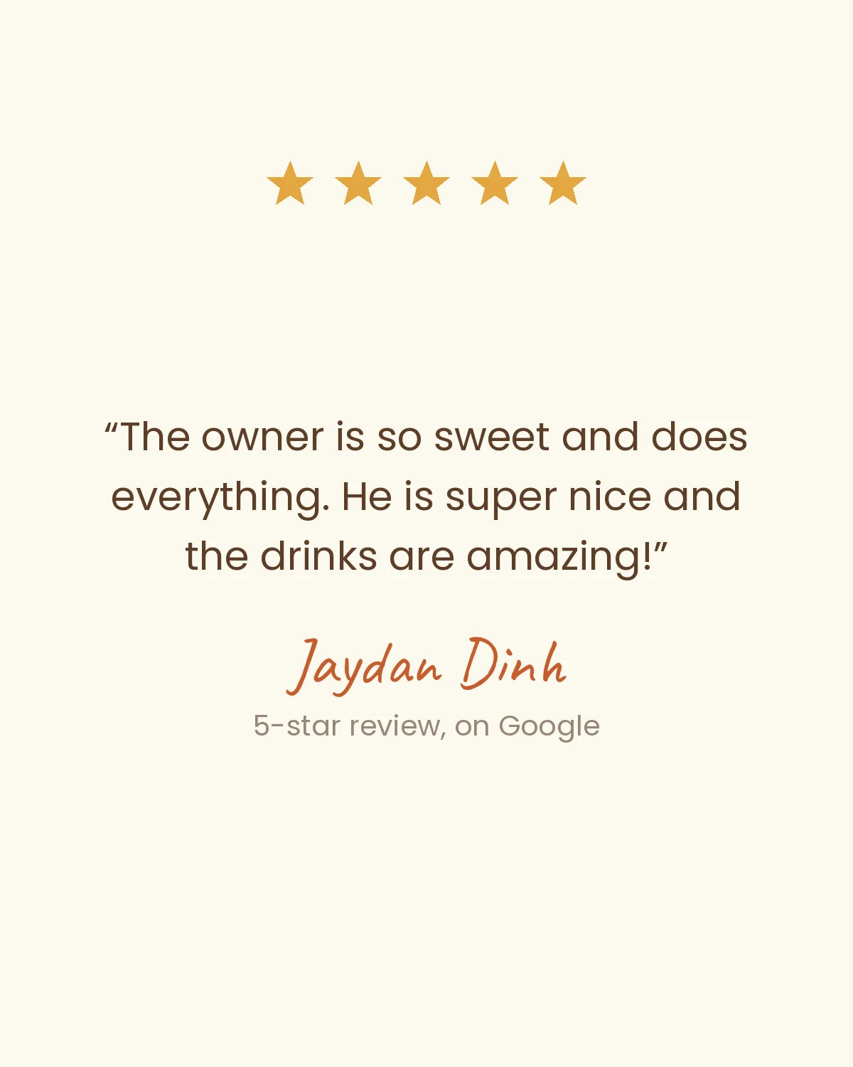 Five-star Google review of Pacific Bean Coffee by Jaydan Dinh