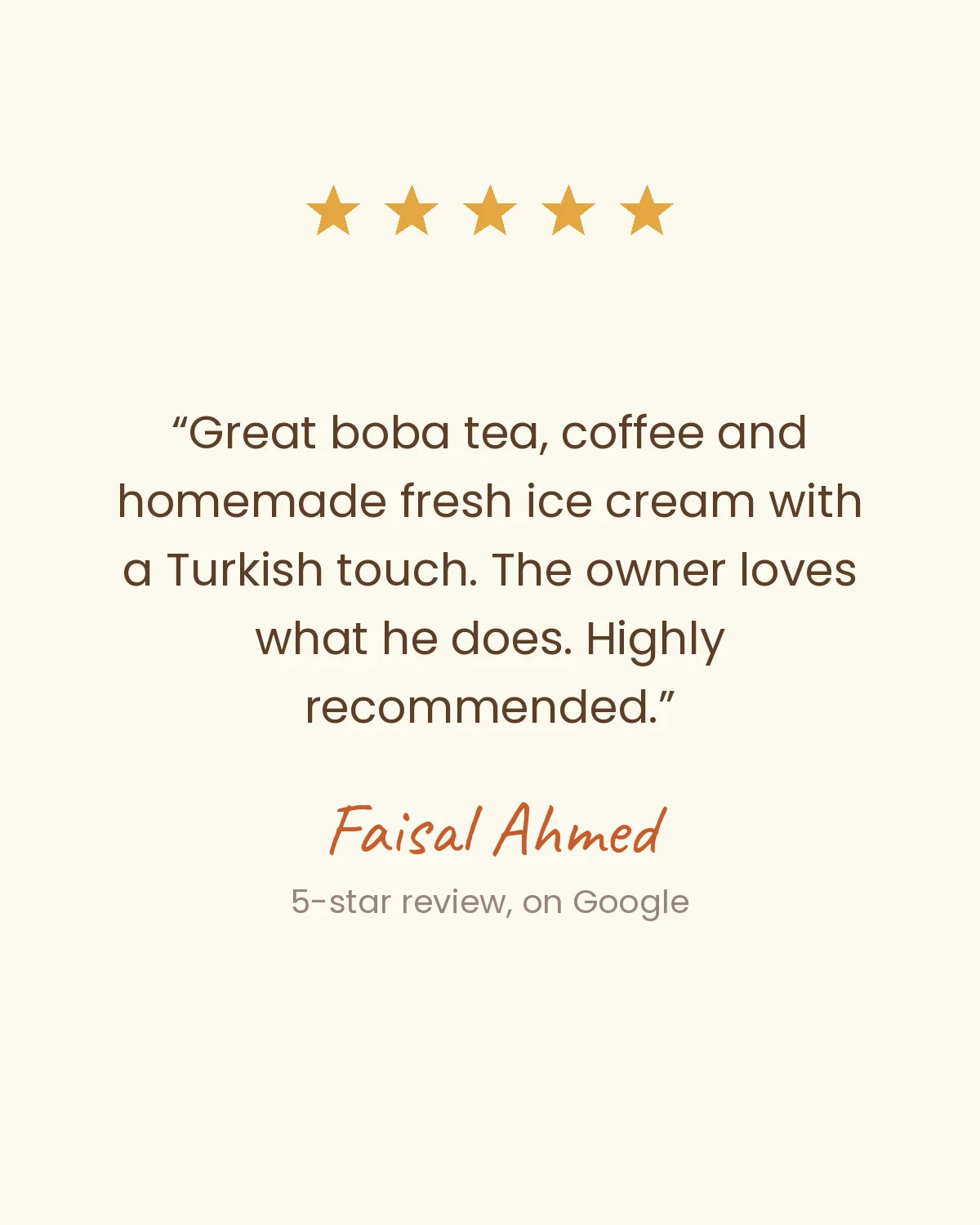 Five-star Google review of Pacific Bean Coffee by Faisal Ahmed