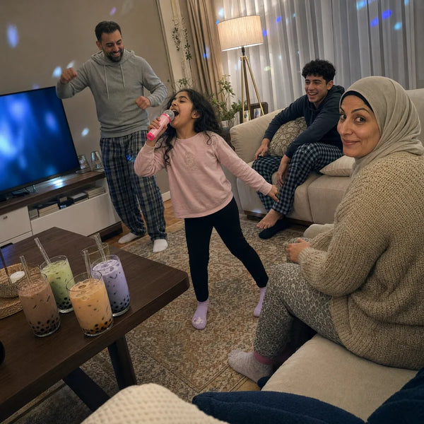 Family karaoke night with boba