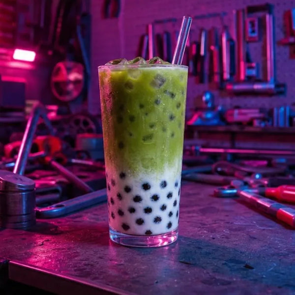 Matcha boba glowing in a neon workshop