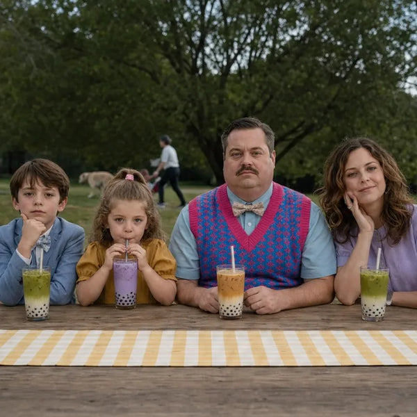 Deadpan family portrait with four boba drinks at a picnic table