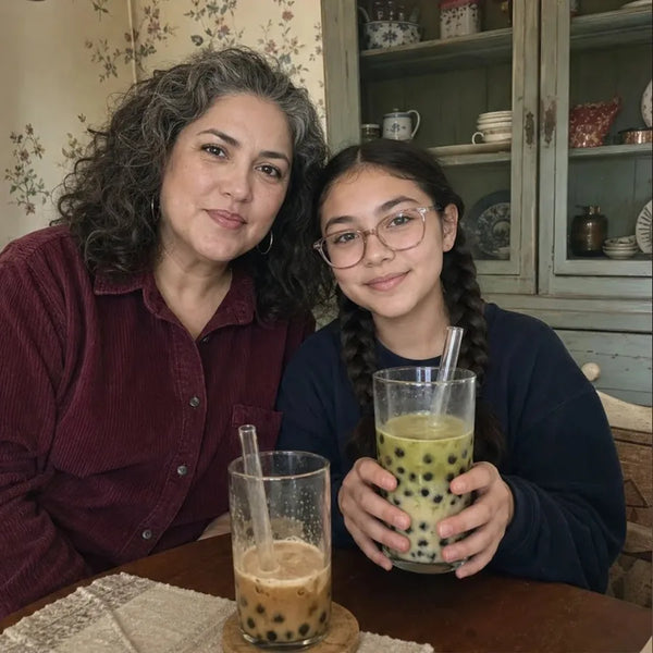 Mom and daughter with matcha and coffee boba at the table