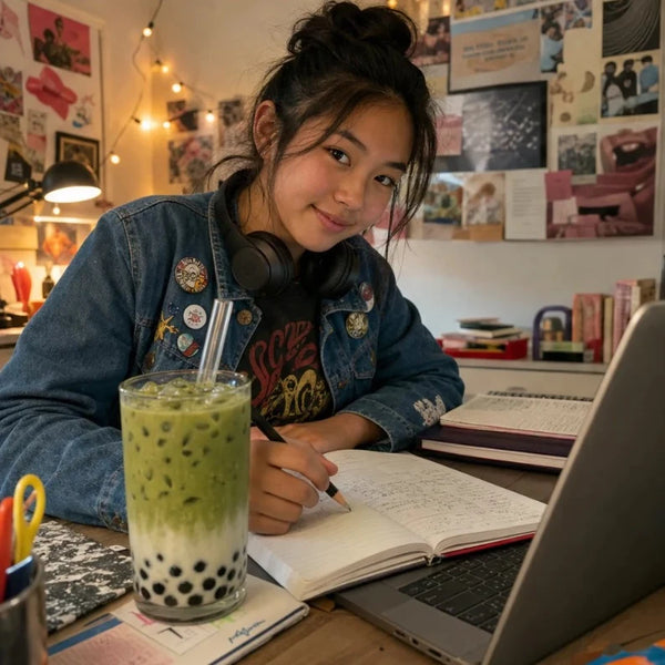 Teen girl doing homework at her desk with headphones around her neck and a matcha boba beside her notebook