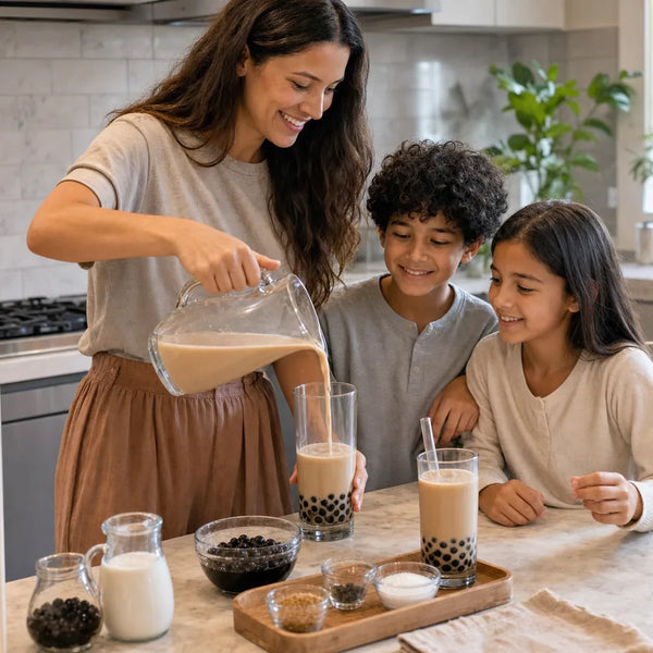 Mom pouring milk tea into a boba glass while her son and daughter watch at the kitchen counter
