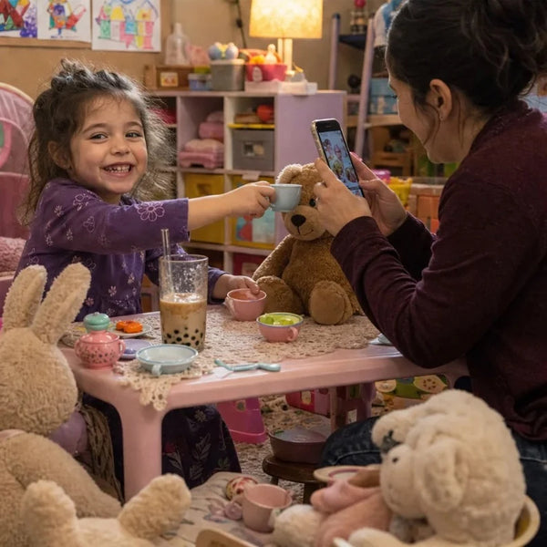Little girl serving her stuffed animals at a toy tea party with a boba drink on the table while mom takes a photo