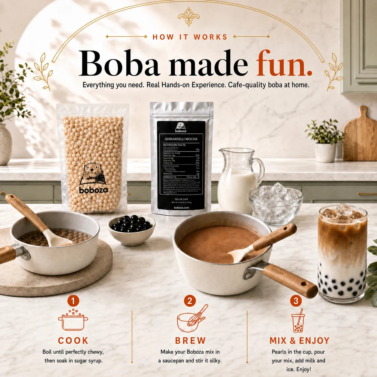 How it works: Boboza boba pearls and flavor pack on a kitchen counter with three steps, cook the boba pearls, brew the mix, then mix and enjoy an iced boba, under the headline Boba made fun
