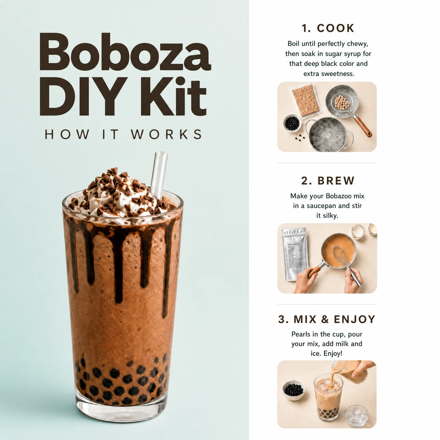 Boboza DIY Kit how it works on a mint background: a chocolate boba drink with whipped cream beside three steps, cook the boba pearls, brew the mix in a saucepan, then add pearls, milk and ice