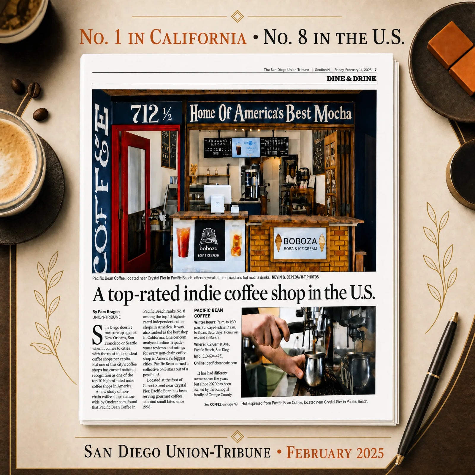 San Diego Union-Tribune February 2025 feature page about Pacific Bean Coffee, ranked No. 8 in the U.S. and No. 1 in California