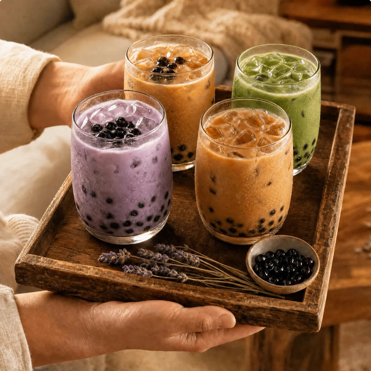 Wooden tray with four boba drinks including taro and classic milk teas