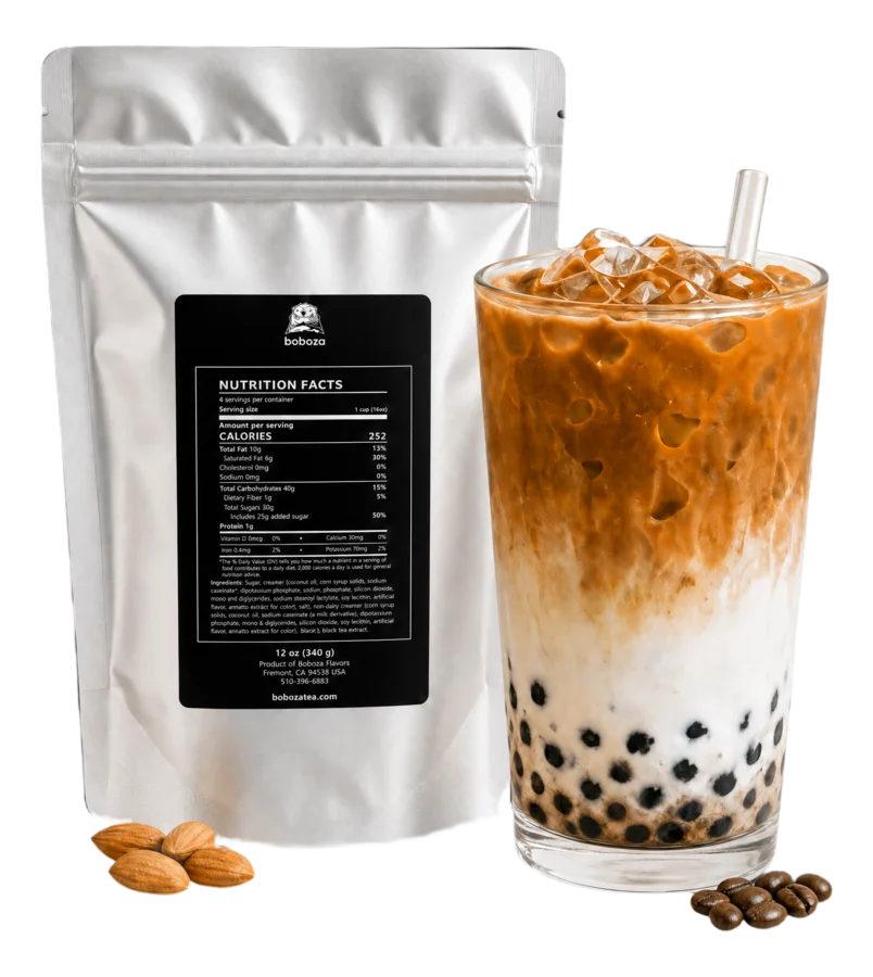 Boboza flavor pack pouch and iced brown sugar boba drink on a marble pedestal