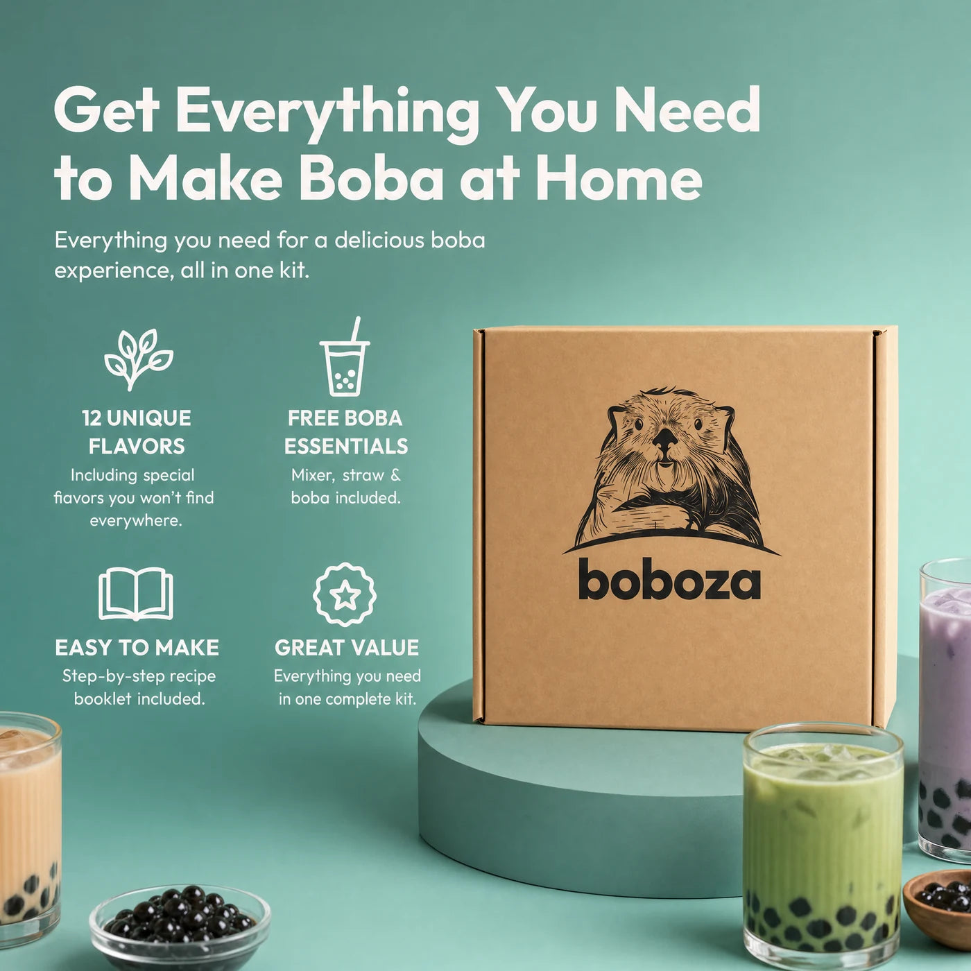 Get everything you need to make boba at home: the Boboza kraft box with the otter logo on a teal background, surrounded by taro, matcha and milk tea boba drinks, with four points, 12 unique flavors, free boba essentials, easy to make and great value