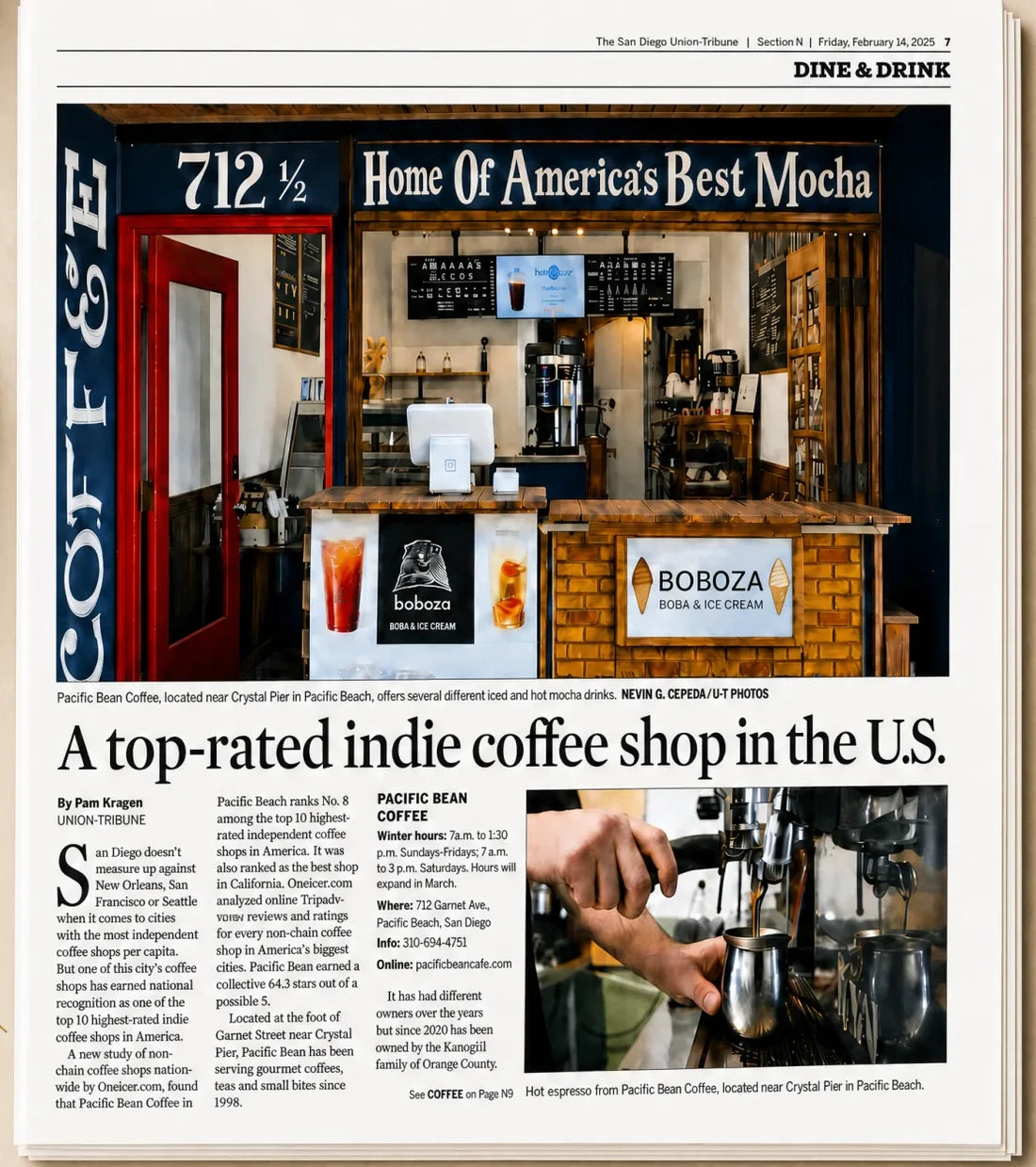 San Diego Union-Tribune newspaper page: A top-rated indie coffee shop in the U.S., about Pacific Bean Coffee