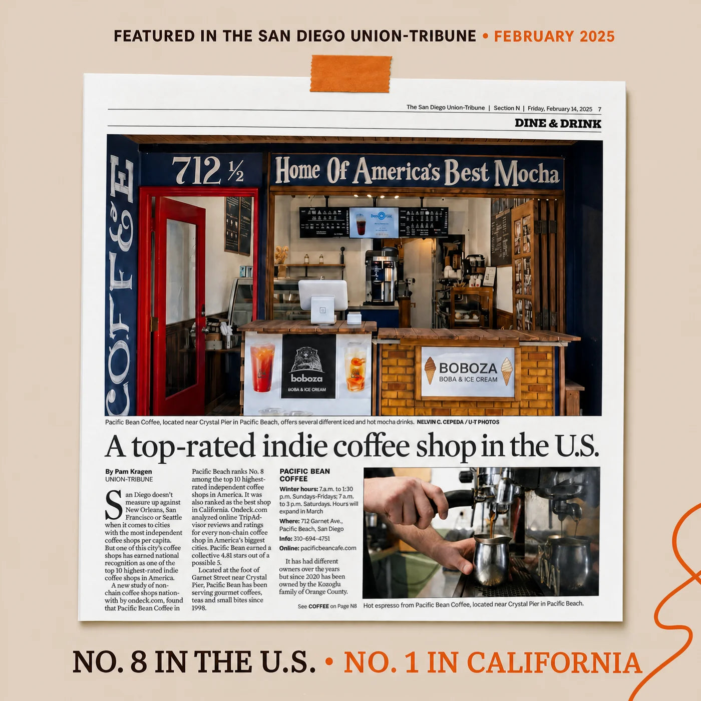 San Diego Union-Tribune newspaper feature about Pacific Bean Coffee, the family cafe behind Boboza, rated No. 8 in the U.S.