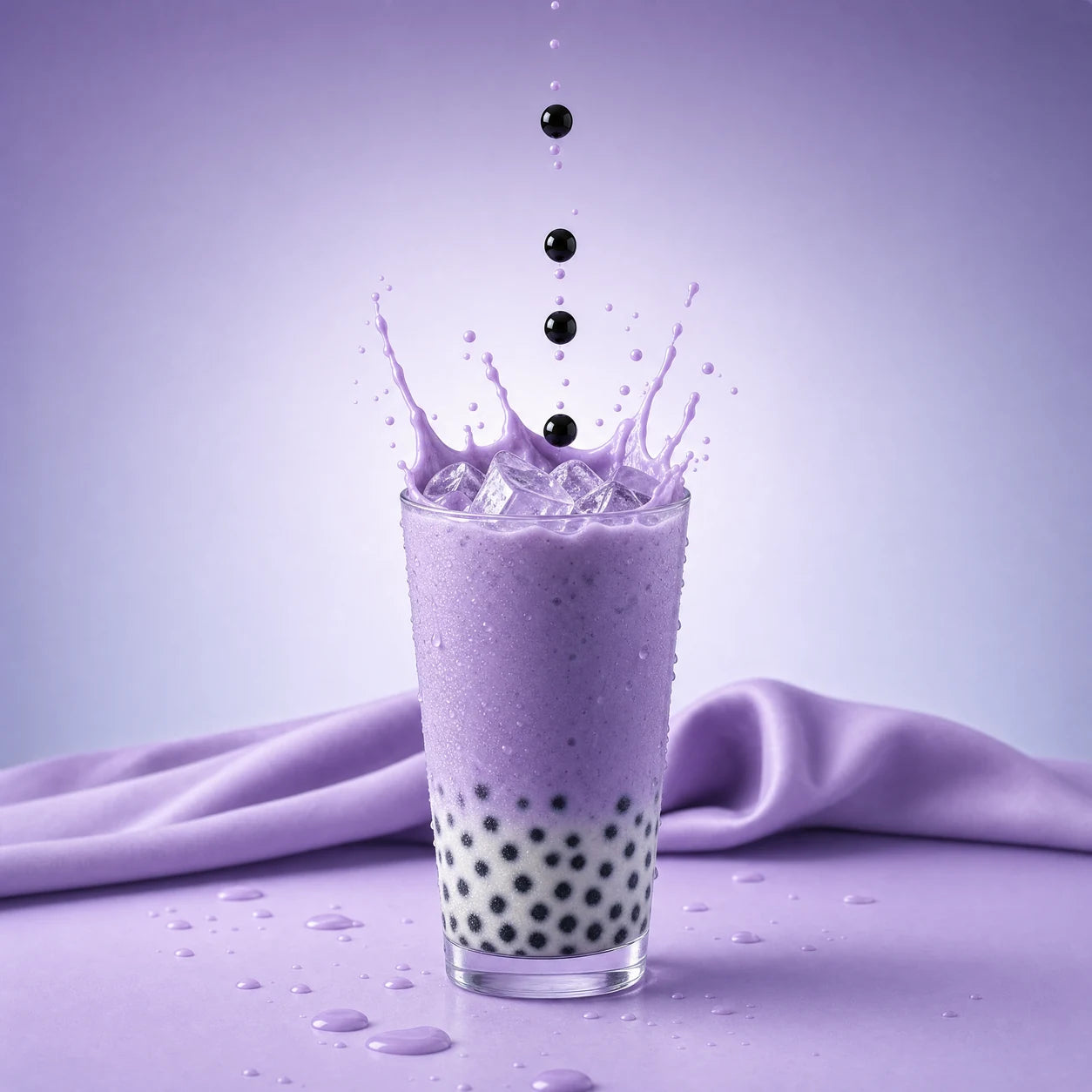 A glass of iced taro milk tea splashing as boba pearls drop into it, with a glass straw and a lilac backdrop