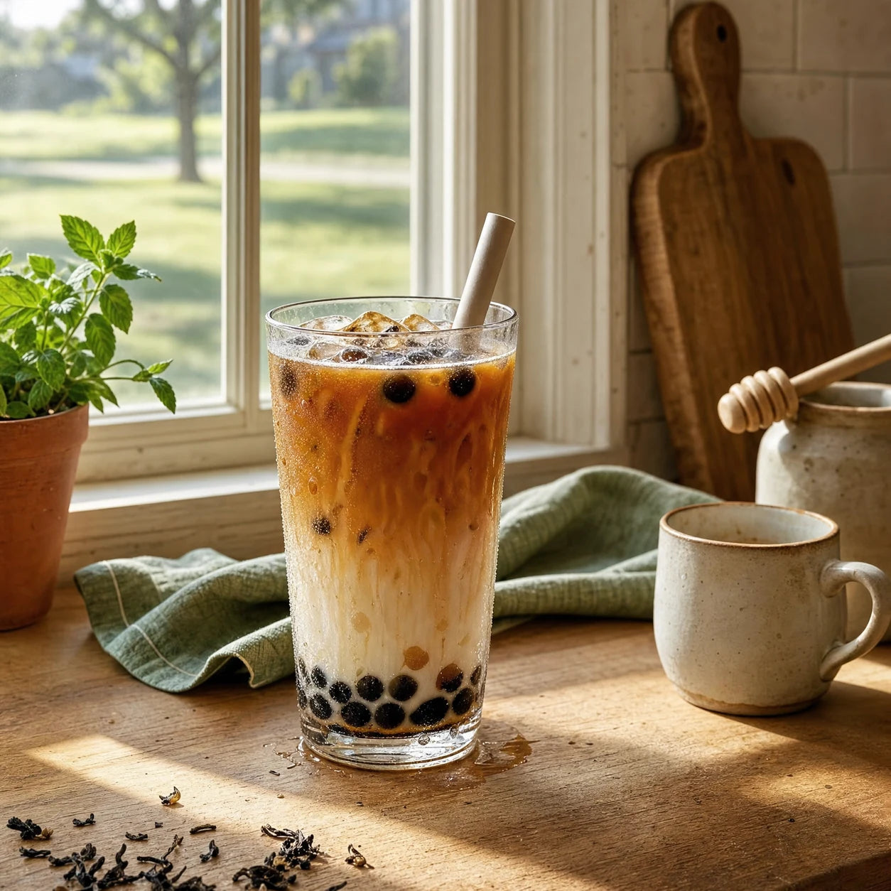 A tall glass of iced brown sugar boba milk tea with boba pearls settled at the bottom, on a sunlit kitchen counter with loose tea leaves and a honey pot beside it