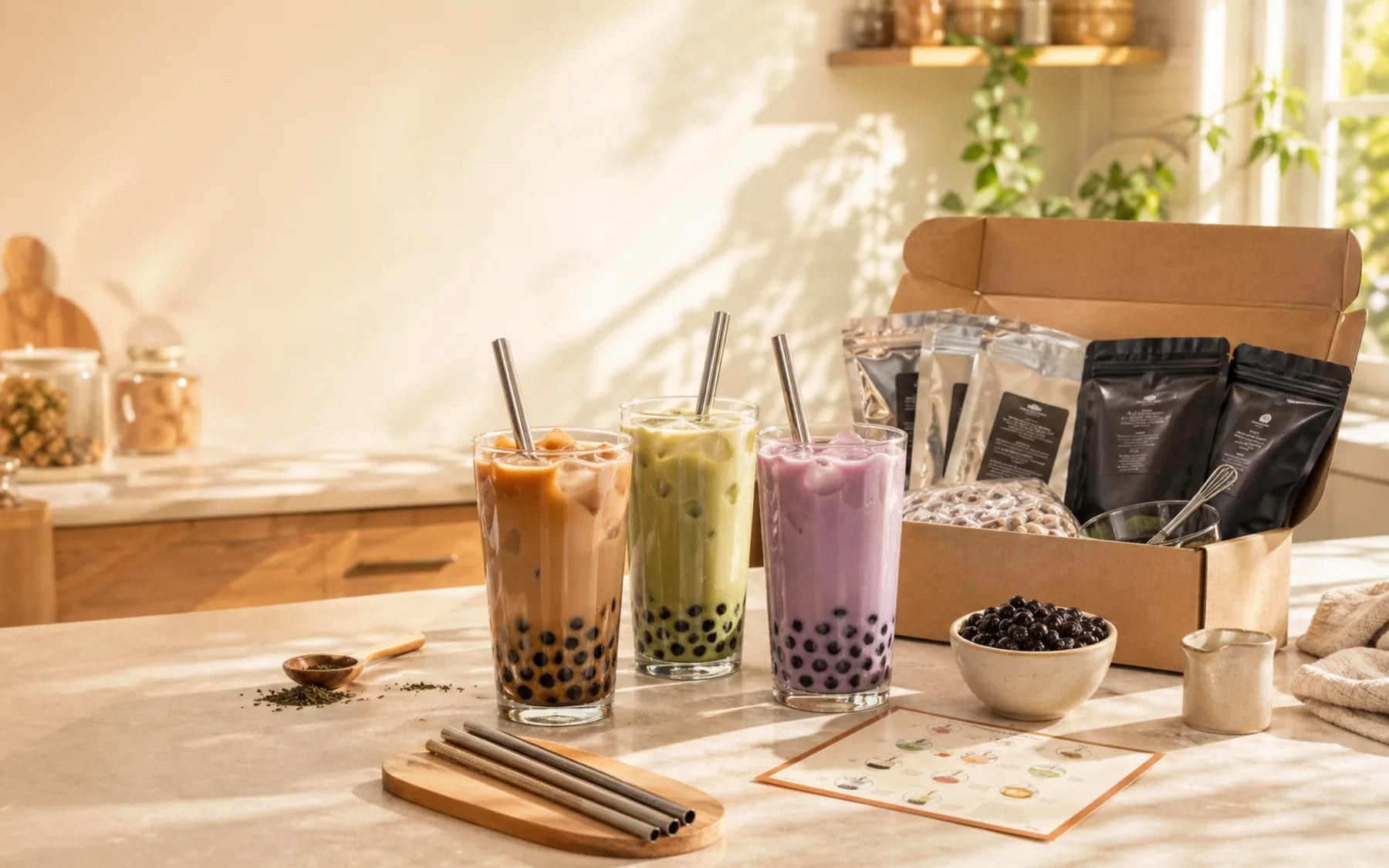 Boboza home bubble tea kit with finished drinks and flavor pouches