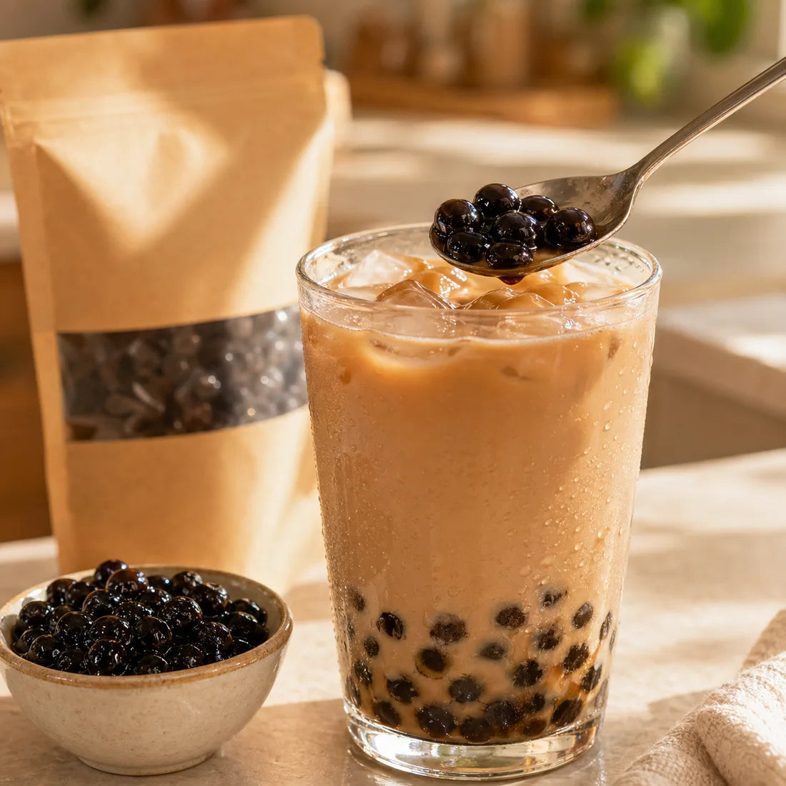 Close-up of chewy tapioca pearls in iced bubble tea