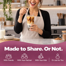 Smiling woman in a home kitchen stirring a tall glass of milk tea boba with a metal straw, with a carafe of milk, a bowl of cooked boba pearls and a bowl of brown sugar on the counter. Headline Made to Share. Or Not., with four icon options: with friends, with your partner, with your kids, or just for you.