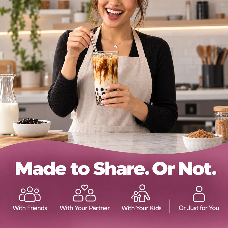 Smiling woman in a home kitchen stirring a tall glass of milk tea boba with a metal straw, with a carafe of milk, a bowl of cooked boba pearls and a bowl of brown sugar on the counter. Headline Made to Share. Or Not., with four icon options: with friends, with your partner, with your kids, or just for you.