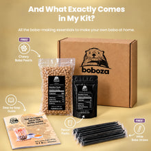 And what exactly comes in my kit - all the boba-making essentials to make your own boba at home: Boboza kit box, free chewy boba pearls, taro milk tea and premium black flavor packs showing their real nutrition labels, free wide boba straws and a step-by-step guide