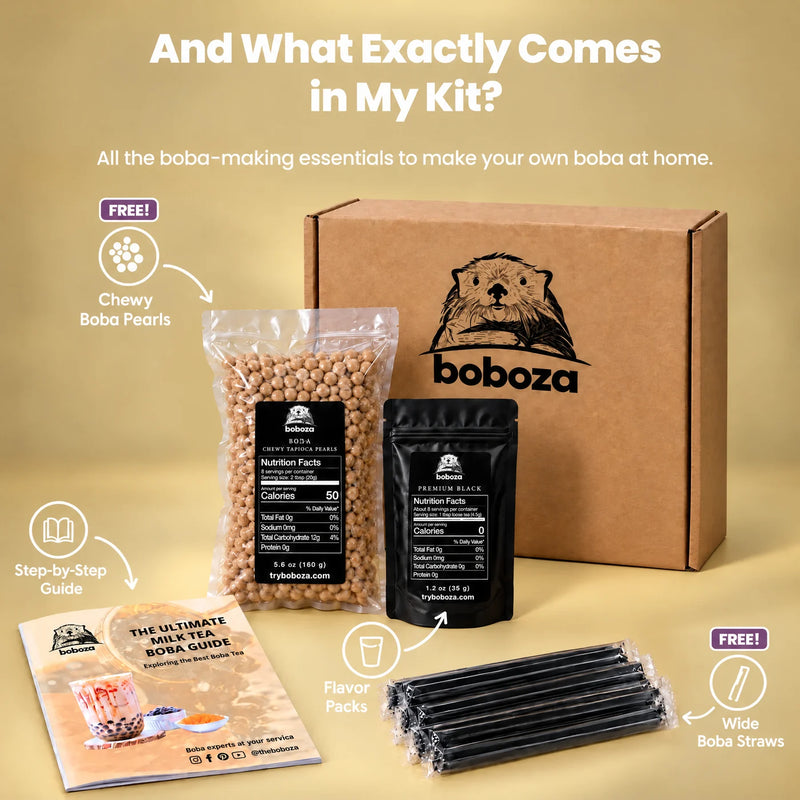 And what exactly comes in my kit - all the boba-making essentials to make your own boba at home: Boboza kit box, free chewy boba pearls, taro milk tea and premium black flavor packs showing their real nutrition labels, free wide boba straws and a step-by-step guide