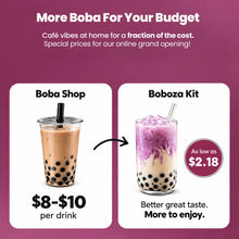 More boba for your budget - cafe vibes at home for a fraction of the cost, special prices for our online grand opening. A boba shop drink costs $8 to $10, a Boboza Kit drink is as low as $2.18