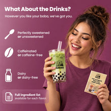 Deep magenta square graphic headed What about the drinks with the line however you like your boba we've got you, three paired icon options (perfectly sweetened or unsweetened, caffeinated or caffeine-free, dairy or dairy-free), a note that a full ingredient list is available for each flavor, and a smiling woman holding a Boboza branded cup of matcha boba in one hand and The Ultimate Milk Tea Boba Guide booklet in the other