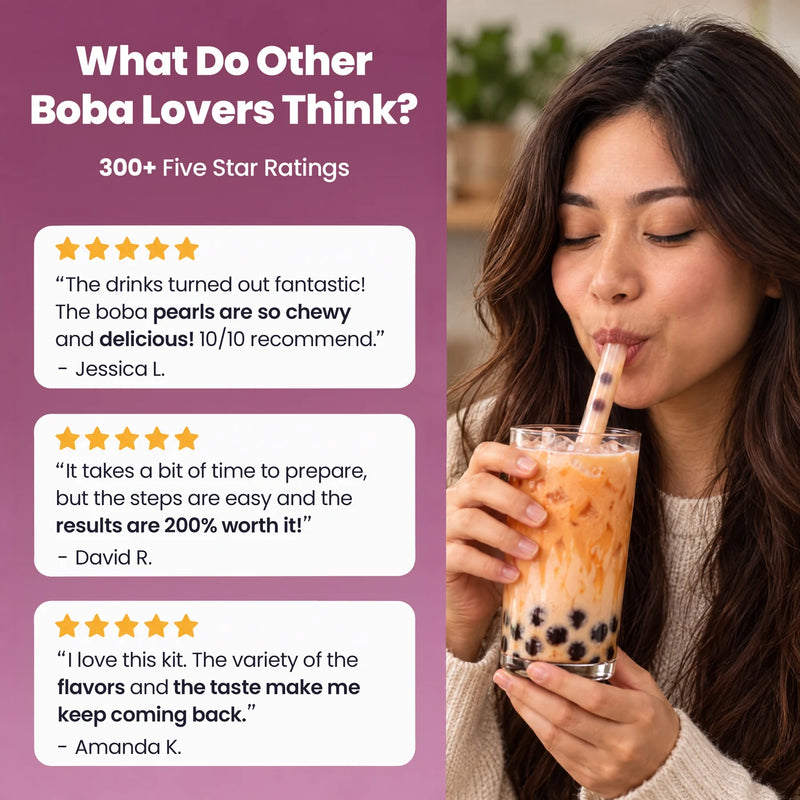 What do other boba lovers think - 300+ five star ratings, customer reviews praising chewy boba pearls, easy steps and flavor variety