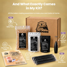 And what exactly comes in my kit - all the boba-making essentials to make your own boba at home: Boboza kit box, free chewy boba pearls, taro milk tea and premium black flavor packs showing their real nutrition labels, free handheld frother, free wide boba straws and a step-by-step guide