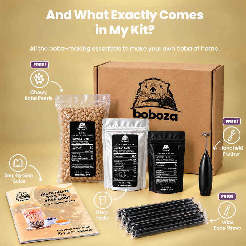 And what exactly comes in my kit - all the boba-making essentials to make your own boba at home: Boboza kit box, free chewy boba pearls, taro milk tea and premium black flavor packs showing their real nutrition labels, free handheld frother, free wide boba straws and a step-by-step guide